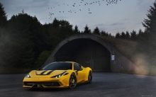 Передок Феррари Италия, Желтая Ferrari 458 Italia Novitec Rosso, тоннель, лес, птицы, природа, вечер, винил, Феррари 2014
